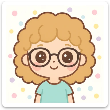 kawaii style avatar of a girl with dark blonde curly hair, black glasses, brown eyes sticker