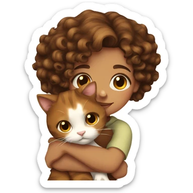  Brown curly hair girl hug calico cat sticker