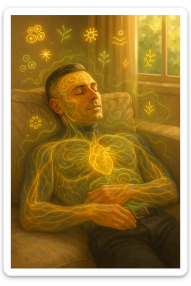 Uomo sdraiato su un divano nel primo pomeriggio, mentre fa un breve riposino. Il suo corpo appare parzialmente trasparente o stilizzato, con luce calda e flussi energetici dorati e verdi che scorrono attraverso muscoli, cervello, e organi. Intorno a lui si vedono piccoli simboli di rigenerazione: cellule che si rinnovano, tessuti che si illuminano, aura rilassata. L'ambiente è calmo e ordinato, luce naturale che entra da una finestra, atmosfera rigenerante, stile realistico con accenti metaforici. sticker