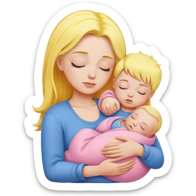 A mother with yellow hair and pink clothes holds a sleeping baby in blue clothes sticker