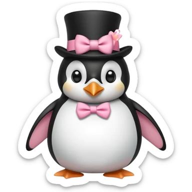 Create a penguin with a top hat and a cute pink bow on its stomach sticker