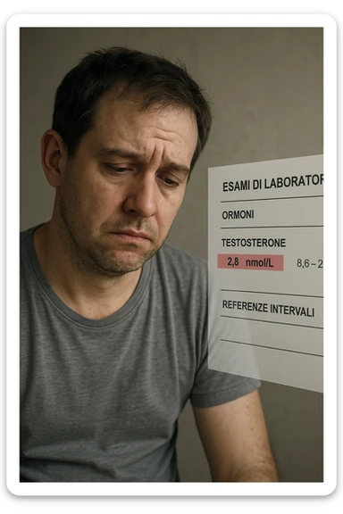 Un uomo caucasico di 35-45 anni, in CGI fotorealistico, che mostra i segni fisici ed emotivi di un basso livello di testosterone. aggiungere un referto medico semi-trasparente fluttuante accanto a lui, con valori di testosterone evidenziati in rosso. in italiano sticker