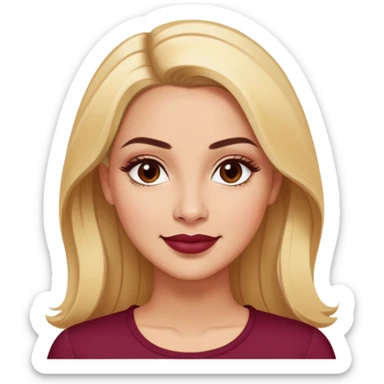 Puerto Rican actress Linette Torres with warm light skin, attractive elegant features, expressive eyes, well-defined eyebrows, straight nose, friendly smile, long blonde hair, wearing a fashionable burgundy top sticker