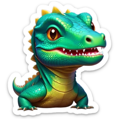 Cinematic Cute Komodo Dragon Lizard Portrait Emoji, Head tilted playfully and inquisitively, with a sleek, scaled form accented by vibrant hues and curious, sparkling eyes, Simplified yet irresistibly adorable features, highly detailed, glowing with a warm, lively glow, high shine, affectionate and spirited, stylized with a touch of exotic charm, bright and endearing, soft glowing outline, capturing the essence of a mischievous yet captivating lizard that seems poised to scurry out of the screen into your heart! sticker