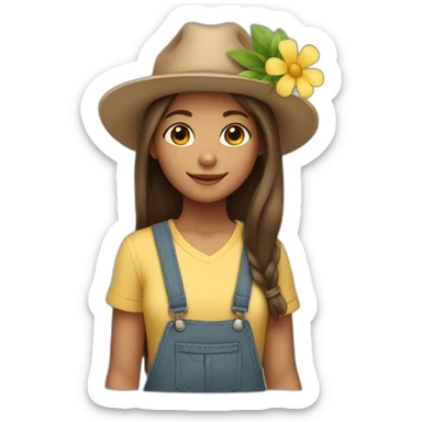 Girl with a flower in her hand, with a hat, brown straight hair sticker