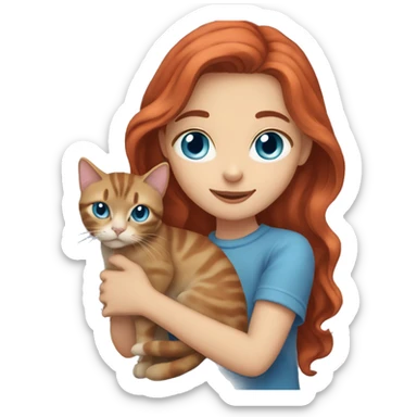 girl with red long wavy hair and blue eyes holding a grey tabby cat sticker