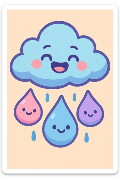 adorable rain icon with chubby raindrops with happy faces, pastel colors, playful and cute sticker
