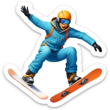 An icon showing a snowboarder performing an exciting jump on a snow-covered slope. The background features towering mountains, snow-covered trees, and a bright, clear sky. Transparent background highlights the speed, agility, and thrill of snowboarding. sticker