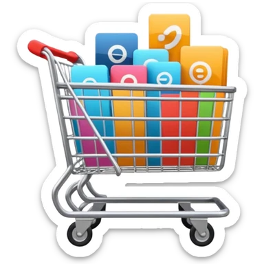 Digital shopping cart filled with online products, clean minimal UI design, smooth motion graphics animation, floating icons, modern style, dark background, cinematic lighting, seamless loop. sticker