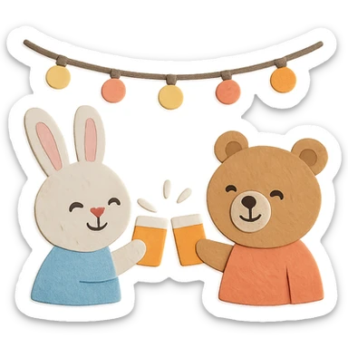 bunny and bear clinking juice cups under string lights sticker