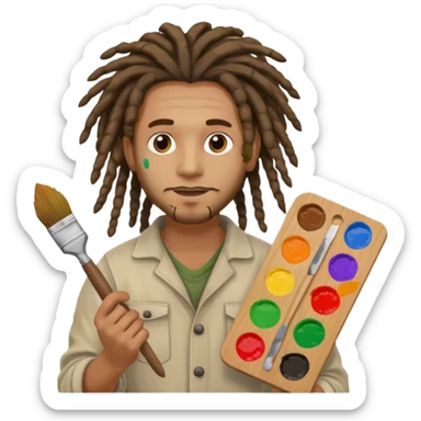 man artist with dreadlock, holding painter and color pallete sticker