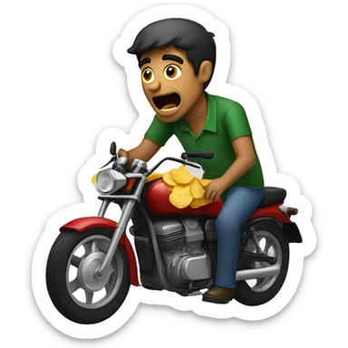 A Pakistani man riding a motor bike crying and eating potato chips  sticker