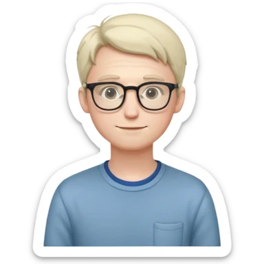 Timid adult male, pale skin, slim, soft features, glasses, slightly hunched posture, shy smile, casual nerdy clothes, small subtle blush, readable at small size, distinct from all other roles sticker