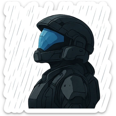 A female odst, blue full face visor, right shoulder profile, helmet on, looking up to the sky, the sky is pouring rain, midnight shadows sticker