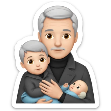 A father with silver-grey hair styled neatly and a clean-shaven face, wearing a dark turtleneck and wool coat, holding his baby sticker