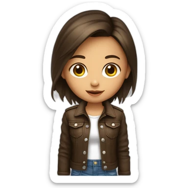 Petite fille brune aux yeux marrons, qui porte un jean un t-shirt rock et un blouson en cuir sticker