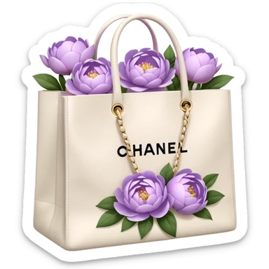 Realistic white chanel shopping bag with lilac peonies in it sticker