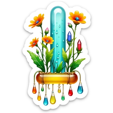 Create an icon that represents decorative arts using epoxy resin. The design should feature colorful tubes of resin, including fluorescent resin tubes, with visible drops or strokes of resin being applied to create intricate designs. Include finished resin jewelry pieces, such as pendants or rings, containing preserved flowers and insects encased in clear resin. The composition should feel vibrant, artistic, and delicate, showcasing the unique beauty of resin art with natural elements. The background should be transparent sticker