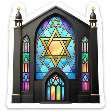 jewish synagogue temple in dark goth aesthetic style with black building and very light tint rainbow stained glass windows. and star of david and celestial symbolism sticker