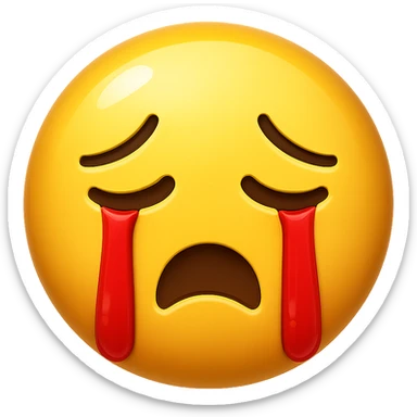 yellow crying face emoji, glossy finish, red tears, no background sticker