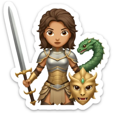 Fierce Latina in armor with a sword after a battle cutting off the head of a hydra sticker