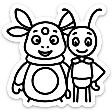 Luntik and Kuzya as a playful outlined icon, cartoonish proportions, no fill sticker