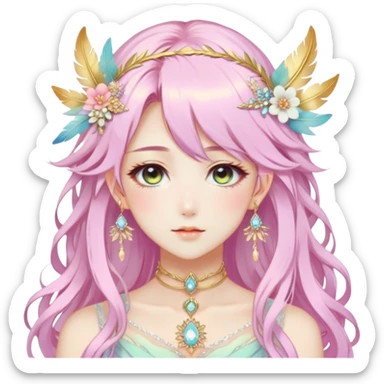 Beautiful gorgeous anime lady with beautiful pastel-special-hair, fashion aesthetic, ethereal, fairycore, pastelcore, feather, flower, crystals, accessories, gold jewelries, gold, colorful, gold laurel, gold halo, cottagecore,  sticker