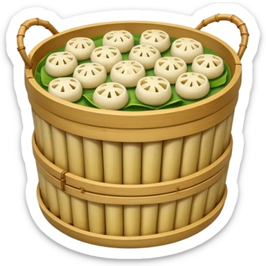 A bamboo steamer basket filled with tiny dumplings. sticker