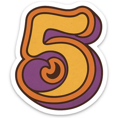number 5 in retro 70s style, bubble lettering, psychedelic, orange, yellow, brown, and purple sticker