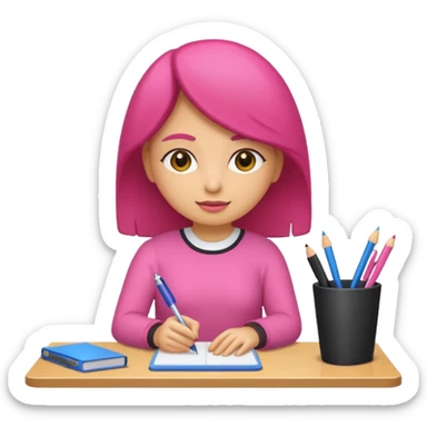 chica rosa pensando ideas con un escritorio sticker