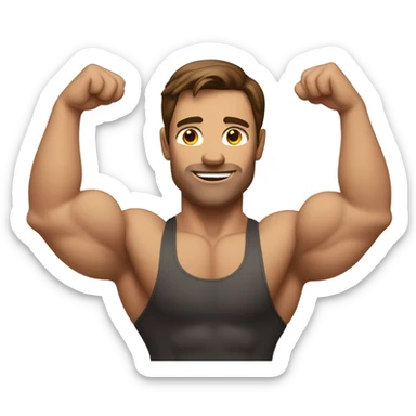 Man with brown hair holding up both arms in a body builder pose sticker