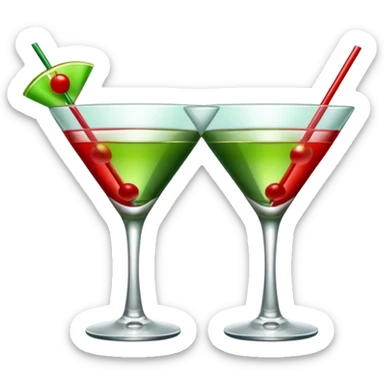 two realistic glasses of cocktail in emoji style, one is red color and one is green, martini glass shape, no straw, no fruit, no ice, no Cocktail sticks sticker