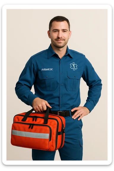 male paramedic in a blue uniform, holding a medical bag, confident stance, simple background sticker