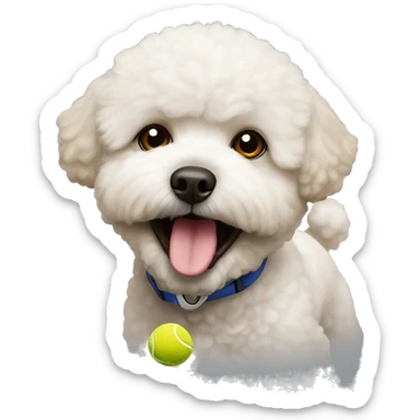 A brown bichon with a tennis ball in his mouth sticker