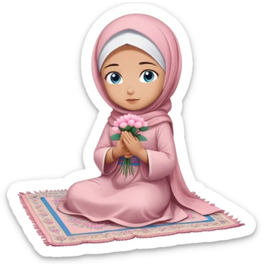 Turkish beautiful finish Konya girl blue eyes with powder pink color flower hijab long tail dress and sits on the pray mat namaz on the ground with dua  sticker