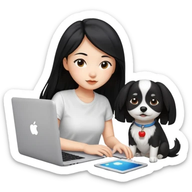 Blue back ground, Asian girl with long black hair , wearing a white shirt, working on an Apple laptop, next to her is a small black and white dog sticker