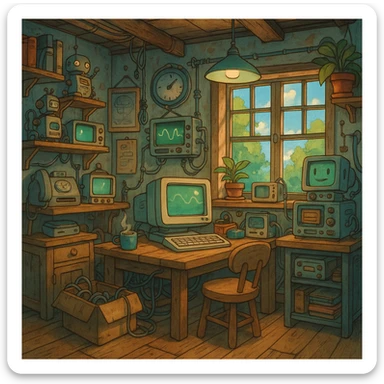 ghibli style tech lab, cozy and whimsical, lots of details sticker