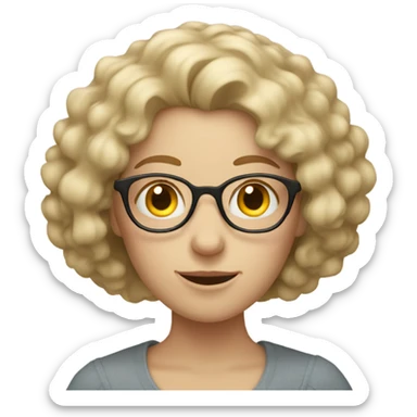 pale woman with curly hair reading sticker