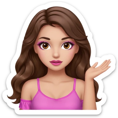 girl with long wavy brown hair, brown eyes, long lashes makeup, sexy pink lips, light to medium complexion, pink sexy top,slapping sticker