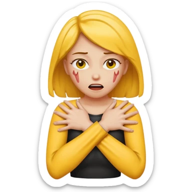 woman chocking herself with hands crossed yellow skin sticker