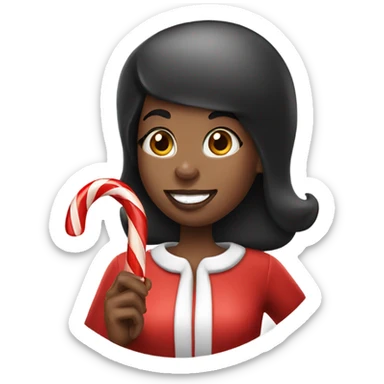 Black woman with short black hair and a Santa hat on eating a candy cane sticker