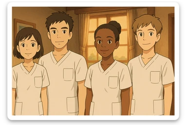 four nursing students standing side by side, inspired by four provided faces, wearing white short-sleeve medical tunics with V-neck, left chest pocket, no collar, no undershirt, no stethoscope, warm indoor ambiance, Ghibli style sticker