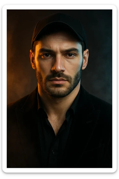 Usa questa immagine come riferimento per creare un ritratto iperrealistico e ravvicinato di un carismatico nodello maschile, ambientato in un contesto editoriale suggestivo. I volto è illuminato da fasci di luce ambrata e blU ghiaccio che contrastano tra loro, esaltando la simmetria marcata della mascella, la sottile barba incolta e uno sguardo penetrante e sicuro. I| modello indossa una giacca sartoriale scura in morbido velluto, leggermente sbottonata sul colletto. Lo sfondo sfuma in un profondo gradiente antracite con una delicata foschia cinematografica e sottili bagliori di luce. Un lieve velo di nebbia avvolge la sua silhouette, accentuando un'atmosfera sofisticata e misteriosa. L'effetto complessivo evoca un'eleganza di alta moda con un tocco moderno e malinconico, ideale per una campagna pubblicitaria di lusso o per la copertina di una prestigiosa rivista. sticker