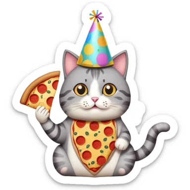 cat with a party hat, confetti around, holding a slice of pizza, college party vibe sticker