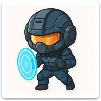 chibi sticker of a sci-fi soldier in a mostly blue uniform, wearing a high-tech helmet with visor, holding a glowing energy shield, cute style, white background sticker