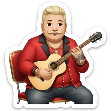 Icon for Chanson: Old fat chanson singer with tattoos, small moustache, red jacket, gold chains and braslettes, sitting on a chair with an acoustic guitar and standing microphone. No earrings. The atmosphere should reflect a nostalgic, soulful vibe with vintage elements. Transparent background. sticker