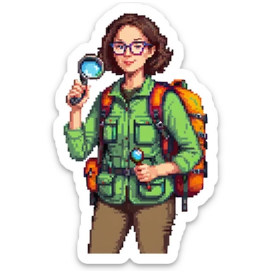 Enthusiastic woman naturalist in her 40s with glasses, colorful hiking outfit, backpack, holding magnifying glass sticker