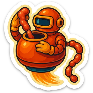 a robot that uses arms to put meat in large hole on top. sausage links come out robots rear. no legs on robot. robot hovers. robot feeds itself meat sticker