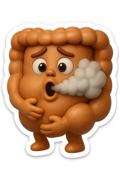 emoji stile iphone di un intestino che ingoia una nuvoletta di aria ben visibile e gli si gonfia la pancia, iperrealistico 4k sticker