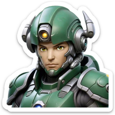 Cinematic Realistic StarCraft Terran Marine Portrait, head tilted dramatically with an exaggeratedly amused expression, blending futuristic grit with a hint of unexpected humor. His steely gaze and determined features, set against intricately detailed tactical armor in dark green and grey, are rendered with lifelike texture and dynamic lighting, high shine, dramatic yet whimsical, capturing the essence of a Terran Marine whose epic strength is accompanied by a playful edge. sticker